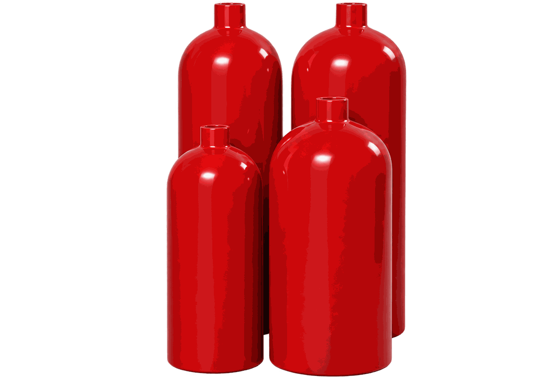 Seamless CO2 steel cylinders by Rakshitam Industries in four body sizes, finished in signal red